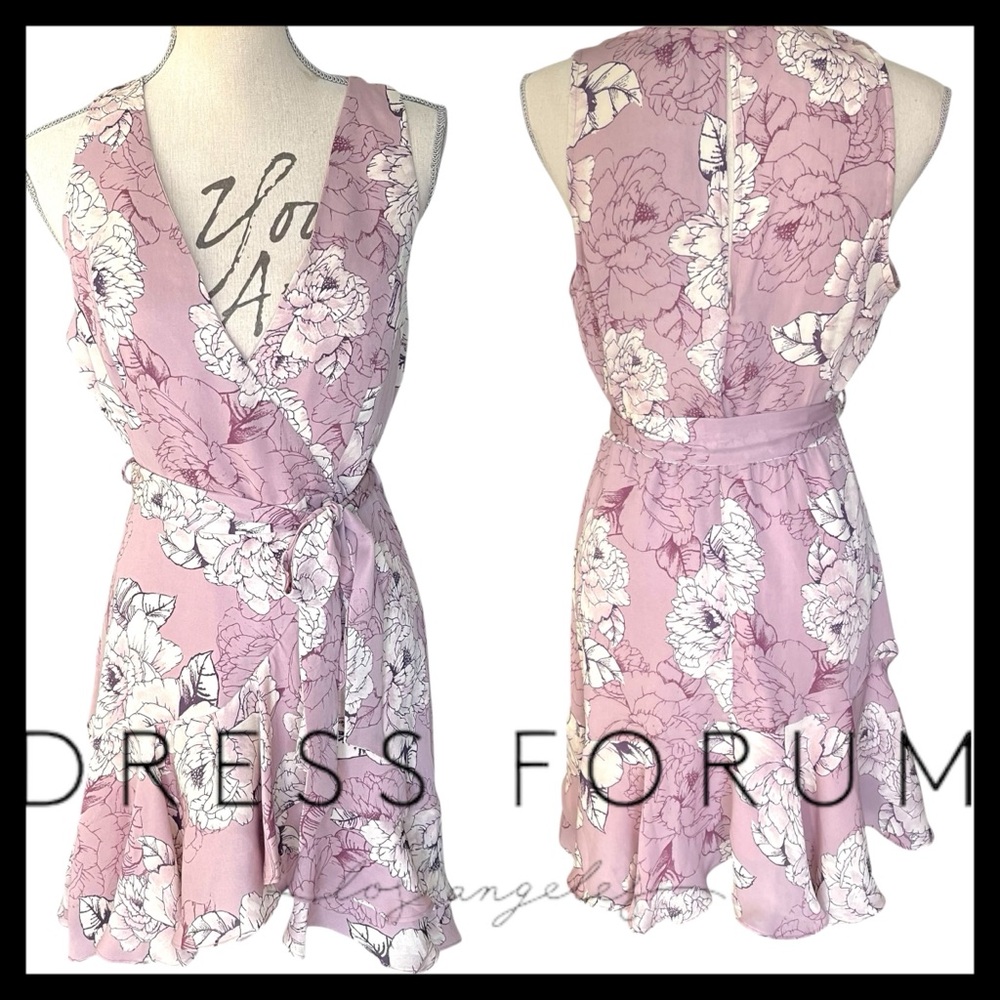 Dress Forum Lilac/Off White Floral Sleeveless Wrap Style Ruffle Dress (M)
